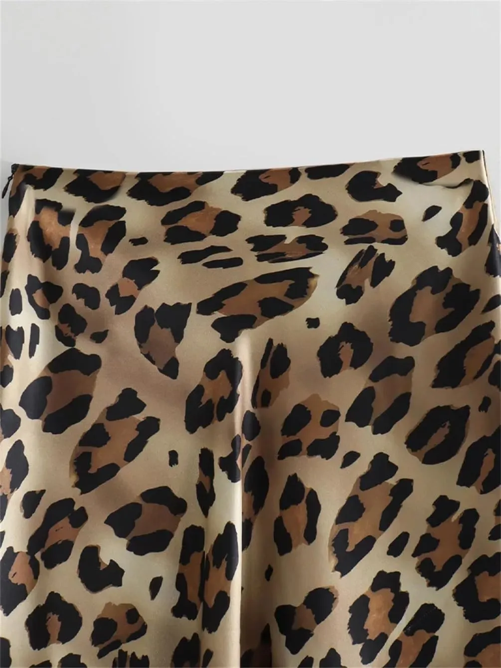 Women Leopard Pleated Side Zipper Midi Skirt Vintage Office A-Line Solid High Waist Skirts