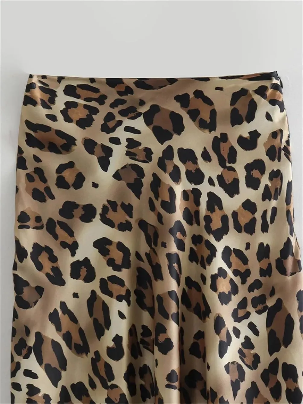 Women Leopard Pleated Side Zipper Midi Skirt Vintage Office A-Line Solid High Waist Skirts