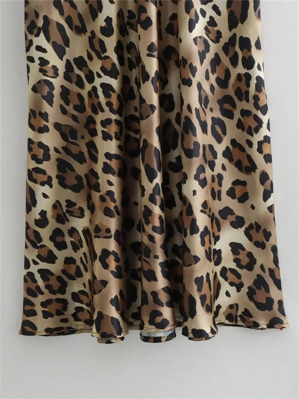 Women Leopard Pleated Side Zipper Midi Skirt Vintage Office A-Line Solid High Waist Skirts
