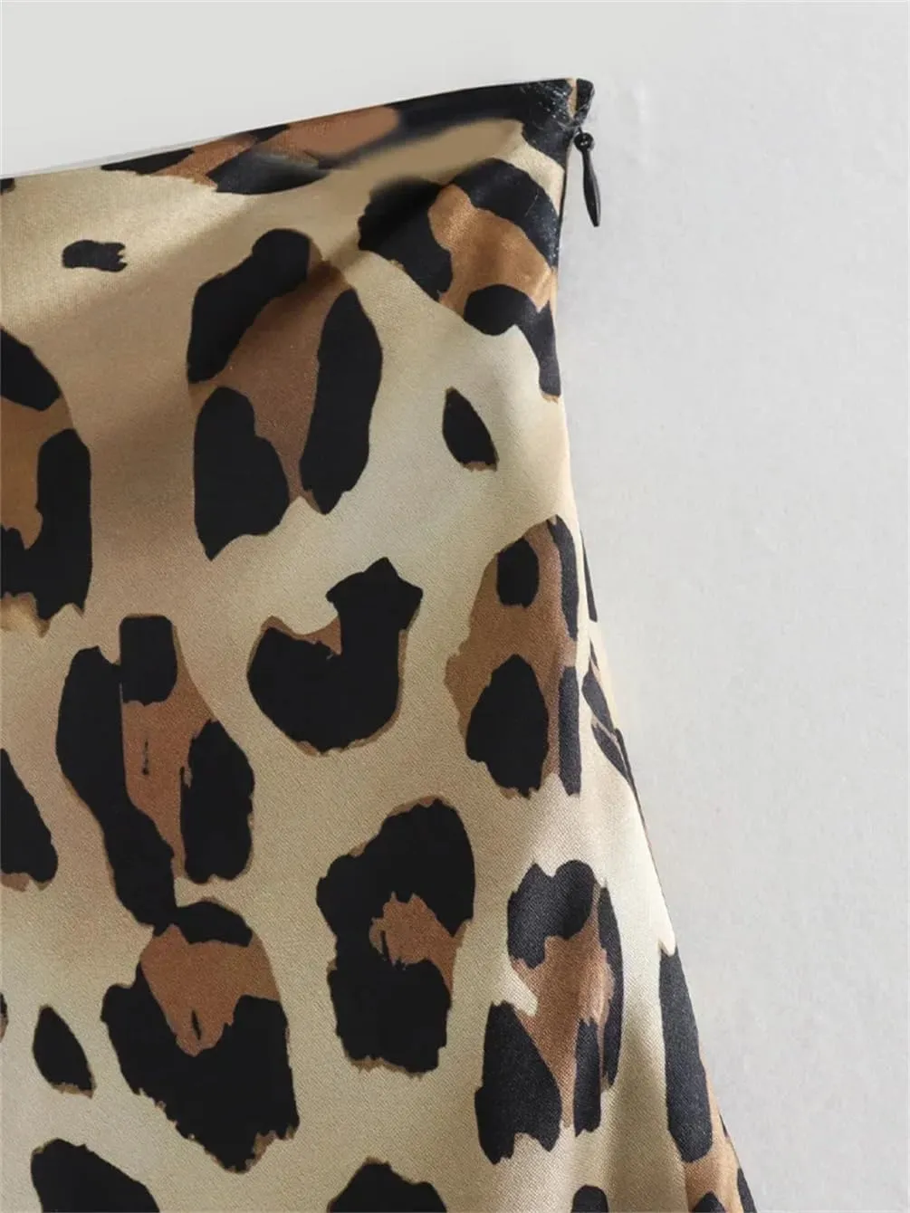 Women Leopard Pleated Side Zipper Midi Skirt Vintage Office A-Line Solid High Waist Skirts
