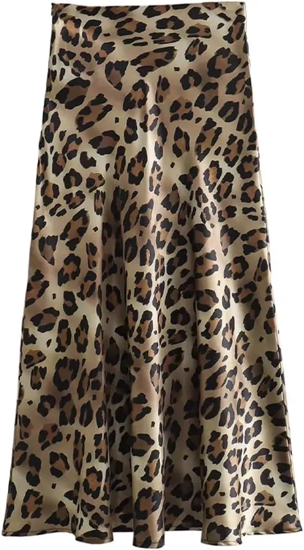 Women Leopard Pleated Side Zipper Midi Skirt Vintage Office A-Line Solid High Waist Skirts
