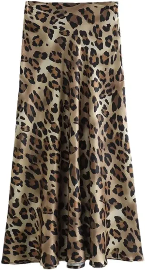 Women Leopard Pleated Side Zipper Midi Skirt Vintage Office A-Line Solid High Waist Skirts