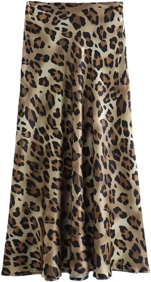 Women Leopard Pleated Side Zipper Midi Skirt Vintage Office A-Line Solid High Waist Skirts