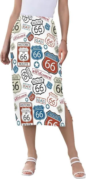Women Midi Skirt Route 66 Cute Casual Side Slit Summer Skirt S-XXL
