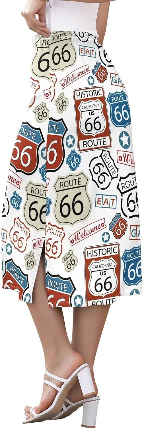 Women Midi Skirt Route 66 Cute Casual Side Slit Summer Skirt S-XXL