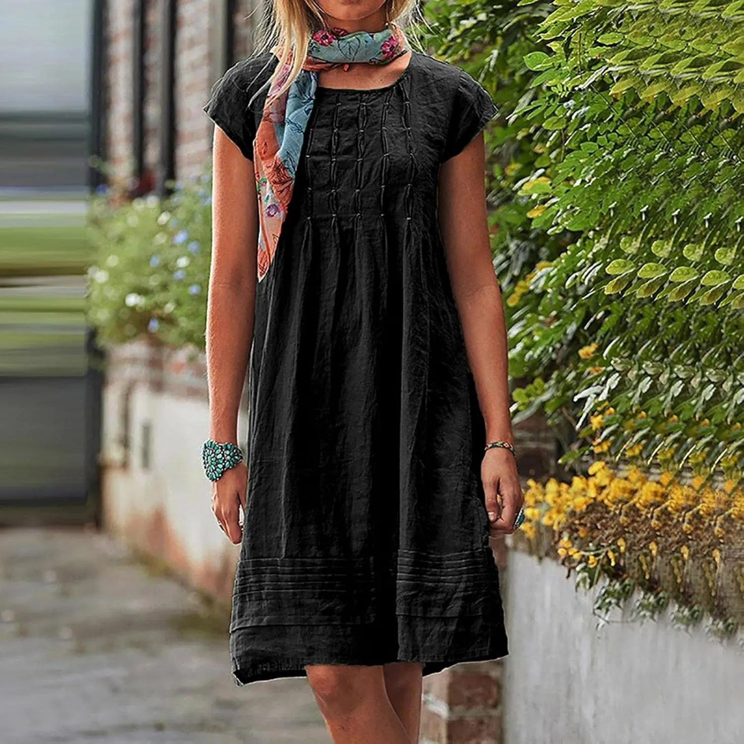 Women Plain Cotton Linen Dresses Summer Half Sleeve Knee-Length Dress Boho Plus Size Pockets Loose Fit Midi Long Dress