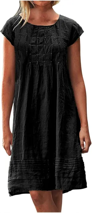 Women Plain Cotton Linen Dresses Summer Half Sleeve Knee-Length Dress Boho Plus Size Pockets Loose Fit Midi Long Dress