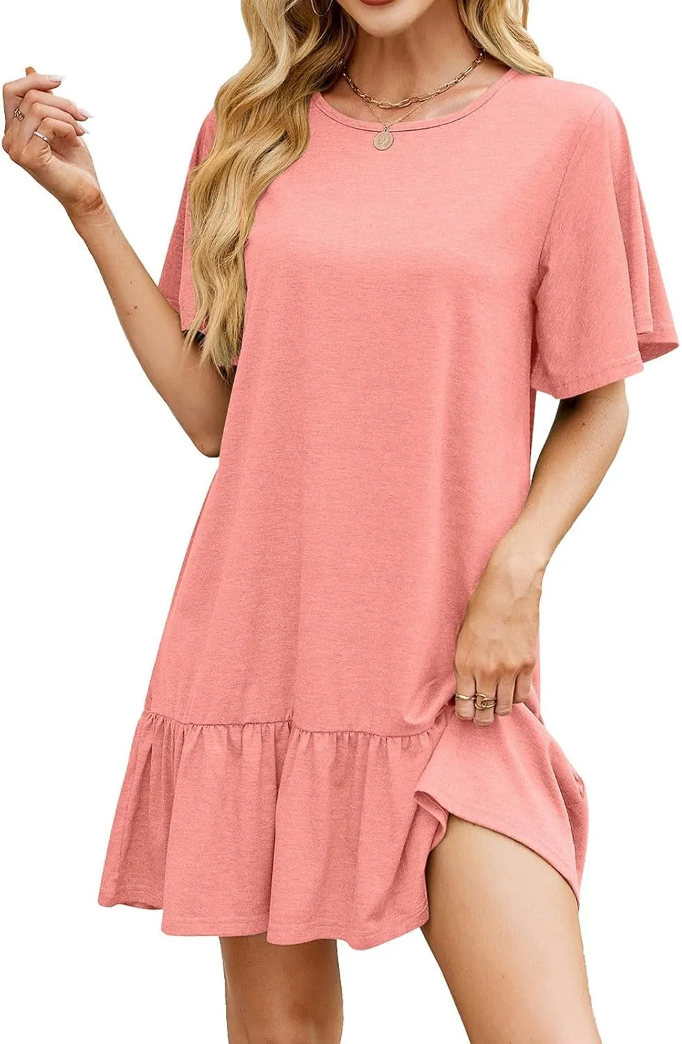 Women Ruffle Hem T-Shirt Dress Crewneck Short Sleeve Mini Sundress Summer Casual Loose Splice Beach Dresses