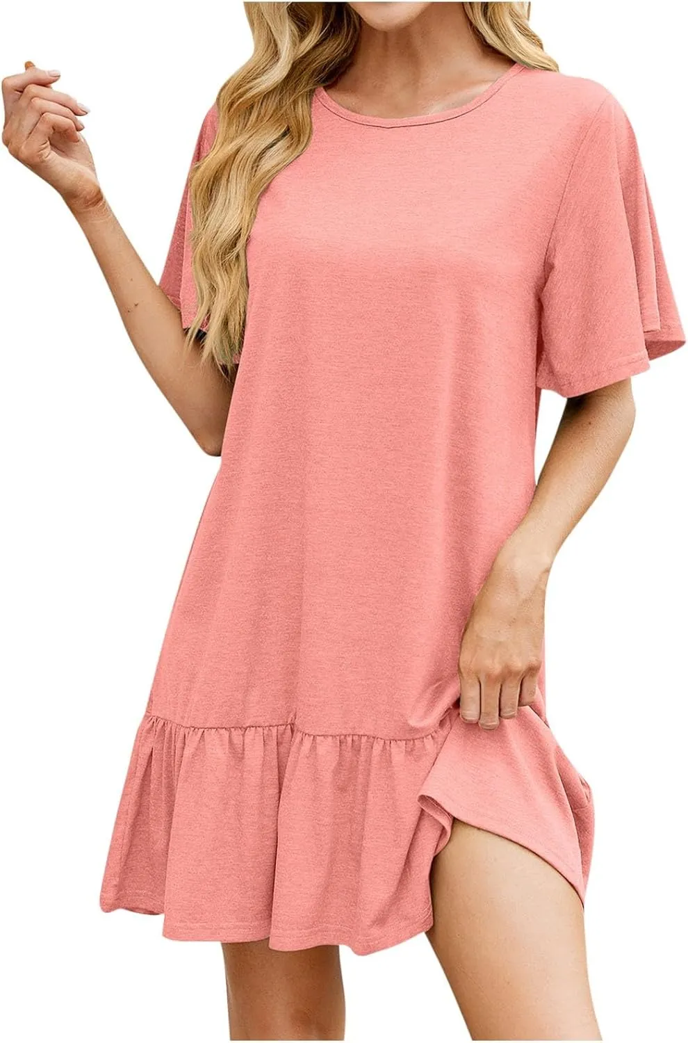 Women Ruffle Hem T-Shirt Dress Crewneck Short Sleeve Mini Sundress Summer Casual Loose Splice Beach Dresses