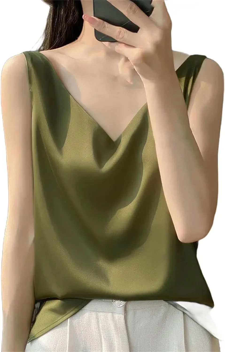Women Satin Double Shoulder Camisole Tank Top V-Neck Sleeveless T-Shirt CropSolid Casual Basic Top