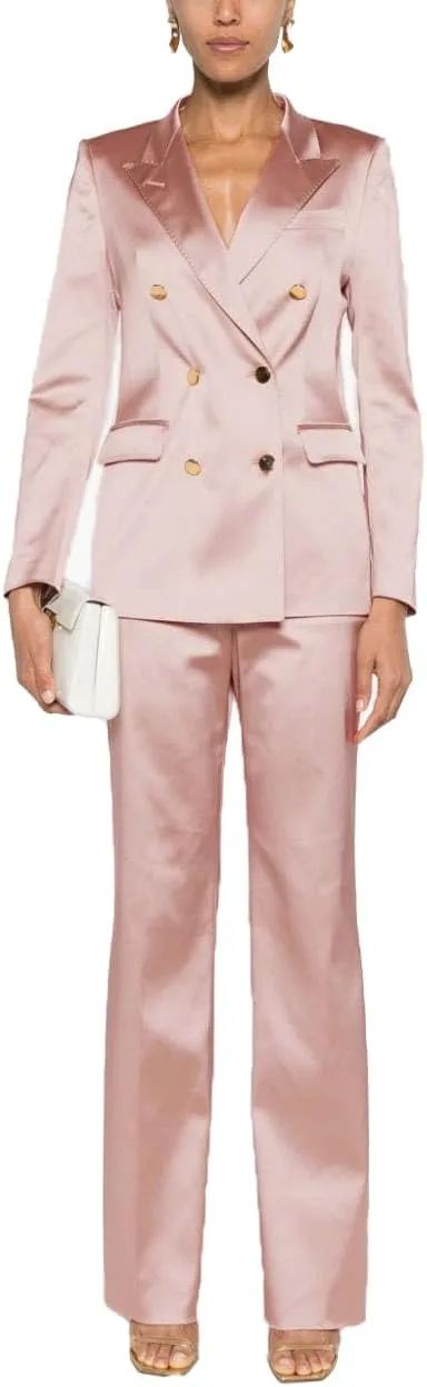 Women Satin Suit 2 Piece Double Breasted Peak Lapel Blazer Outfits Dinner Party Wedding Blazer Pantsuit Set