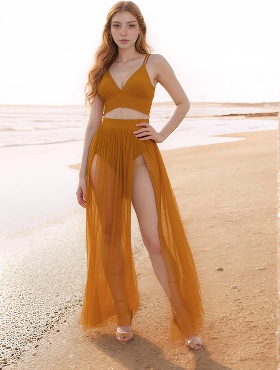 Women Sexy 2 Piece Outfits Dress Chiffon Strap Deep V Neck Bra Crop Top High Split Maxi Dresses Skirt Set
