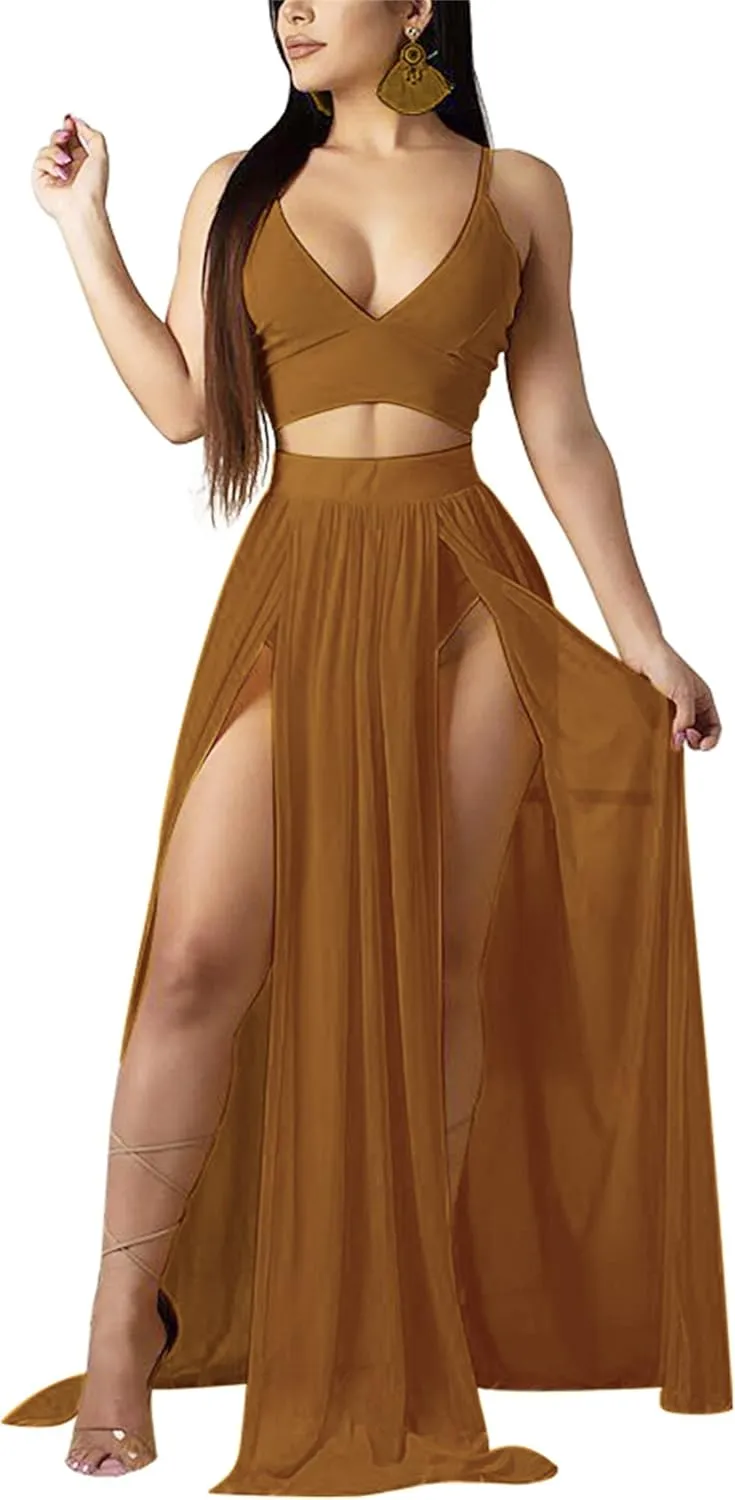 Women Sexy 2 Piece Outfits Dress Chiffon Strap Deep V Neck Bra Crop Top High Split Maxi Dresses Skirt Set
