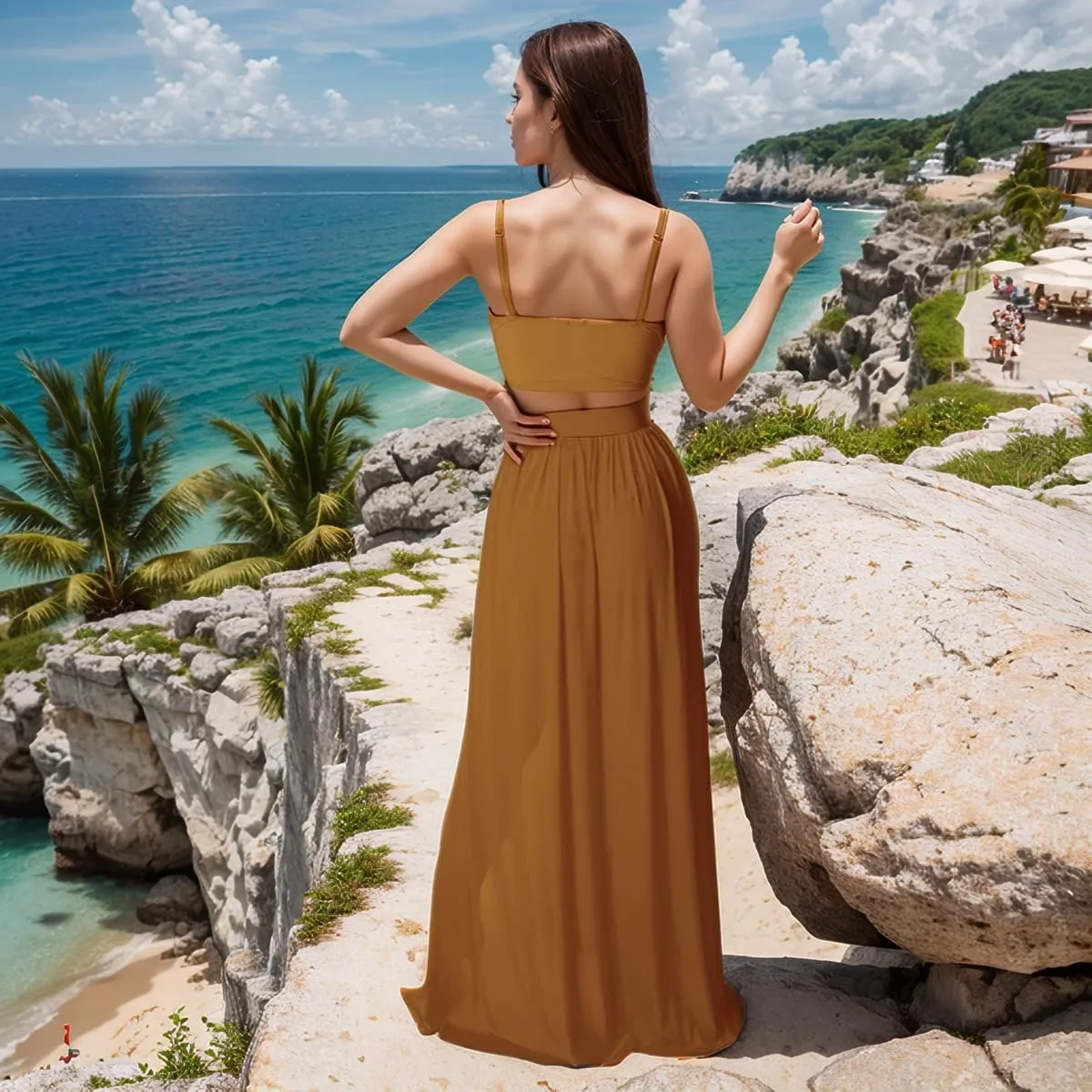 Women Sexy 2 Piece Outfits Dress Chiffon Strap Deep V Neck Bra Crop Top High Split Maxi Dresses Skirt Set