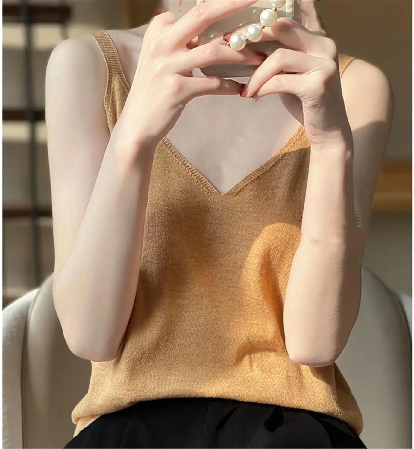 Women Sexy Knitted Camisole Base Vest with V-Neck Loose Interior