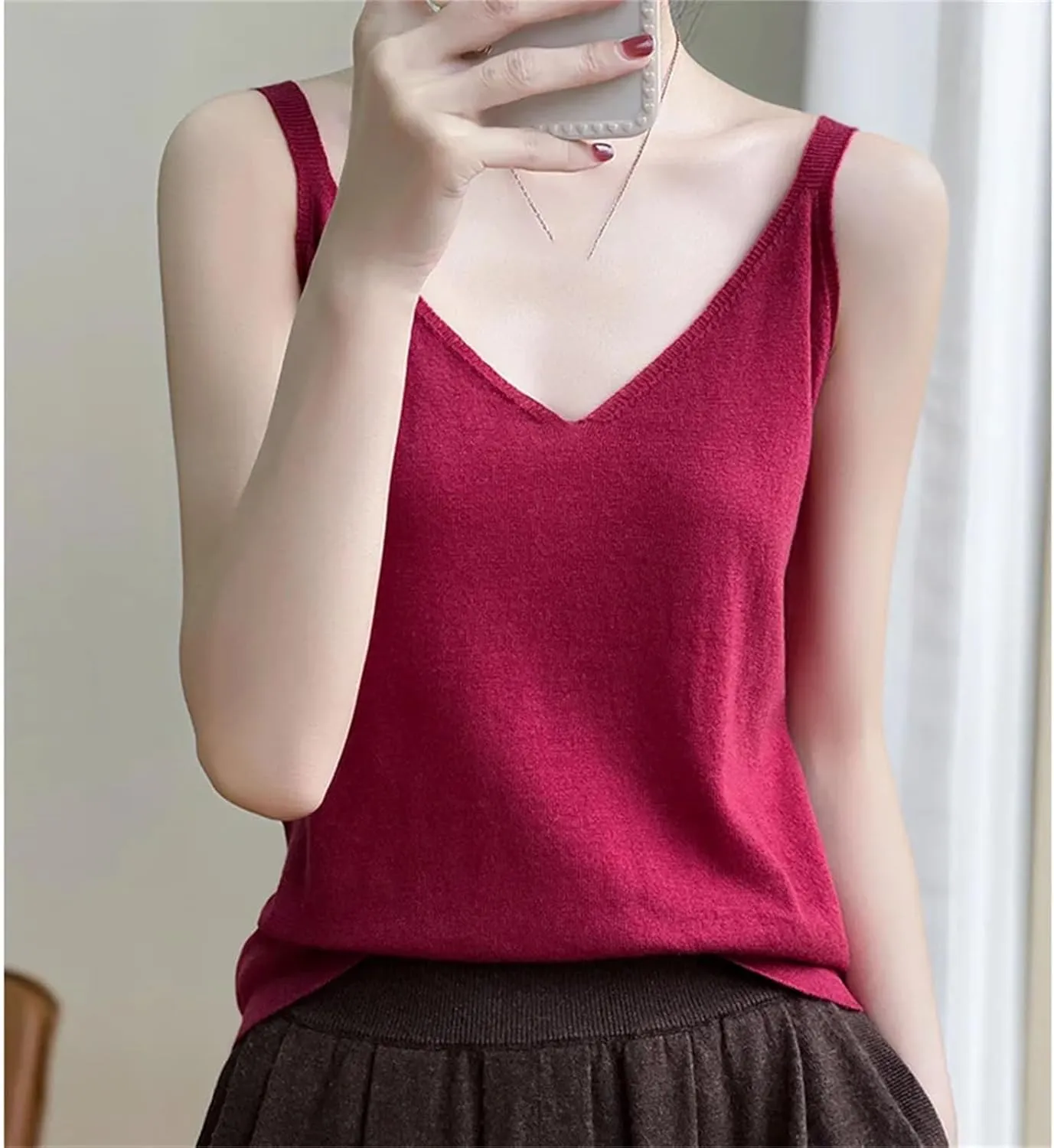 Women Sexy Knitted Camisole Base Vest with V-Neck Loose Interior