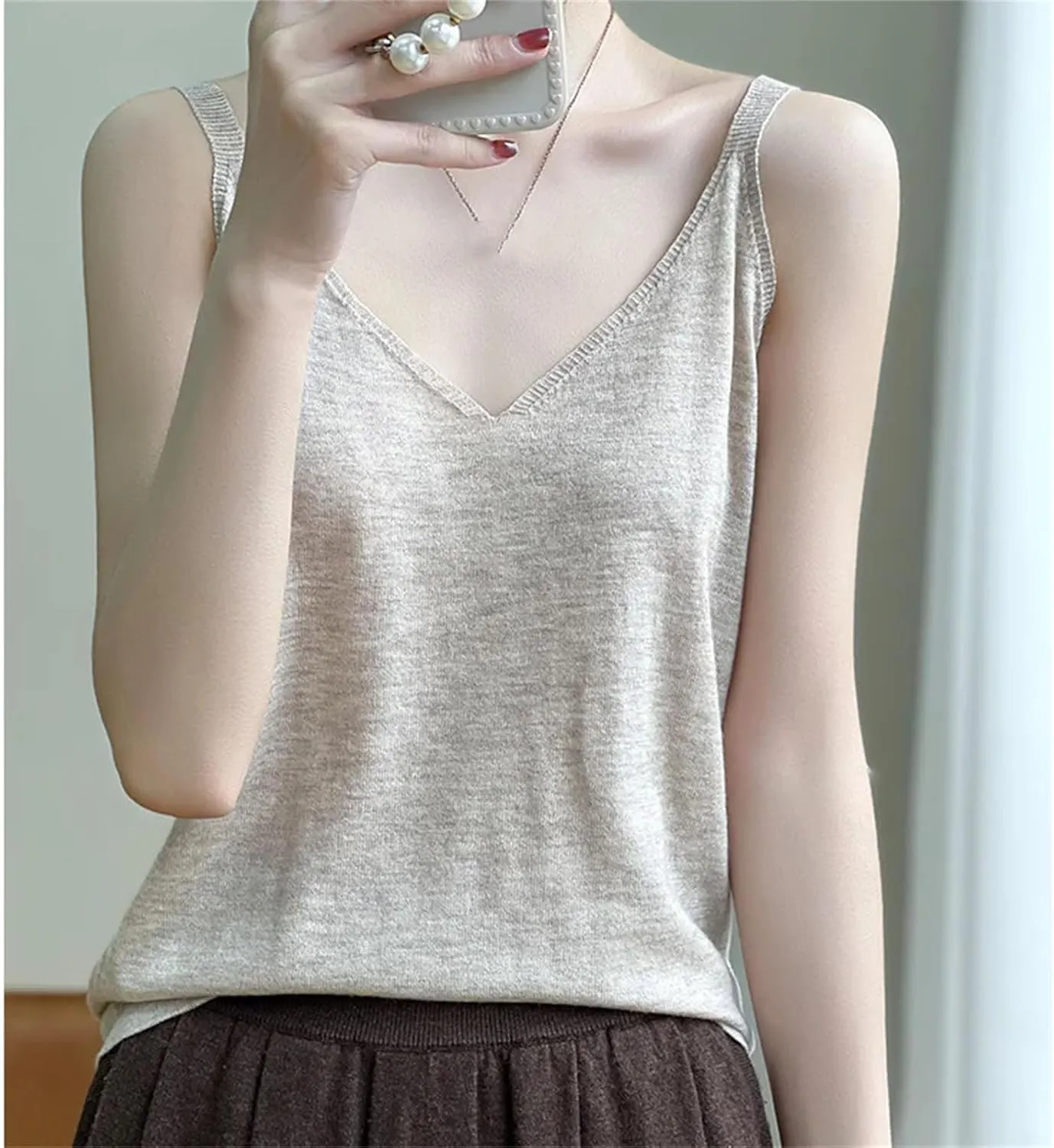 Women Sexy Knitted Camisole Base Vest with V-Neck Loose Interior