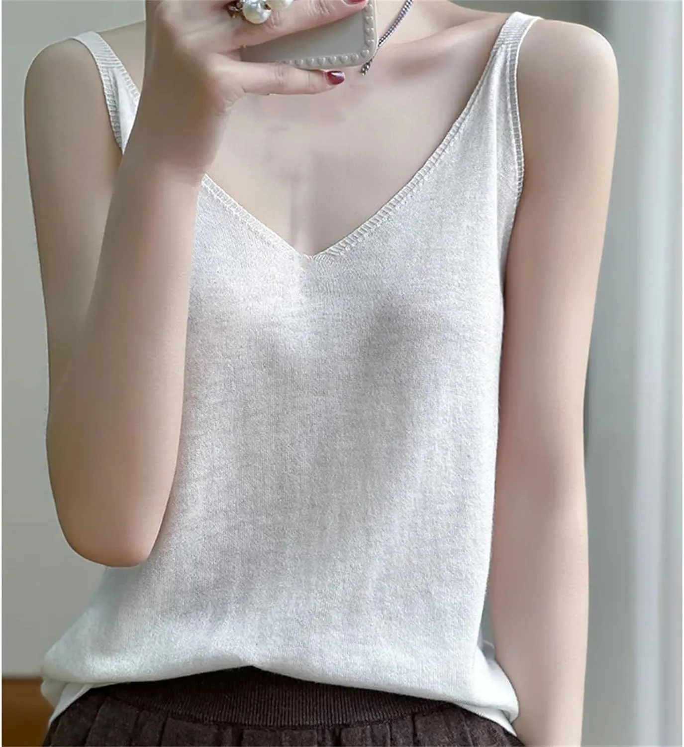 Women Sexy Knitted Camisole Base Vest with V-Neck Loose Interior