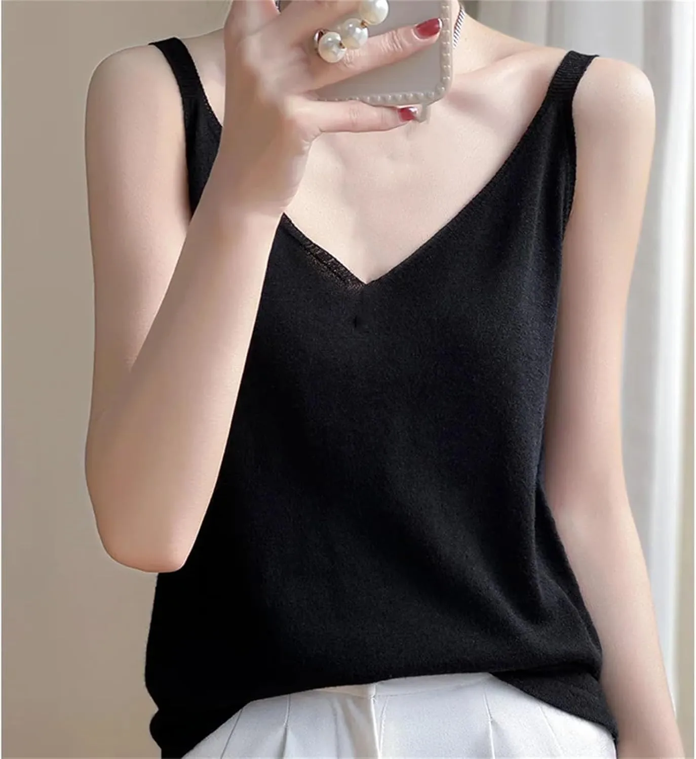Women Sexy Knitted Camisole Base Vest with V-Neck Loose Interior