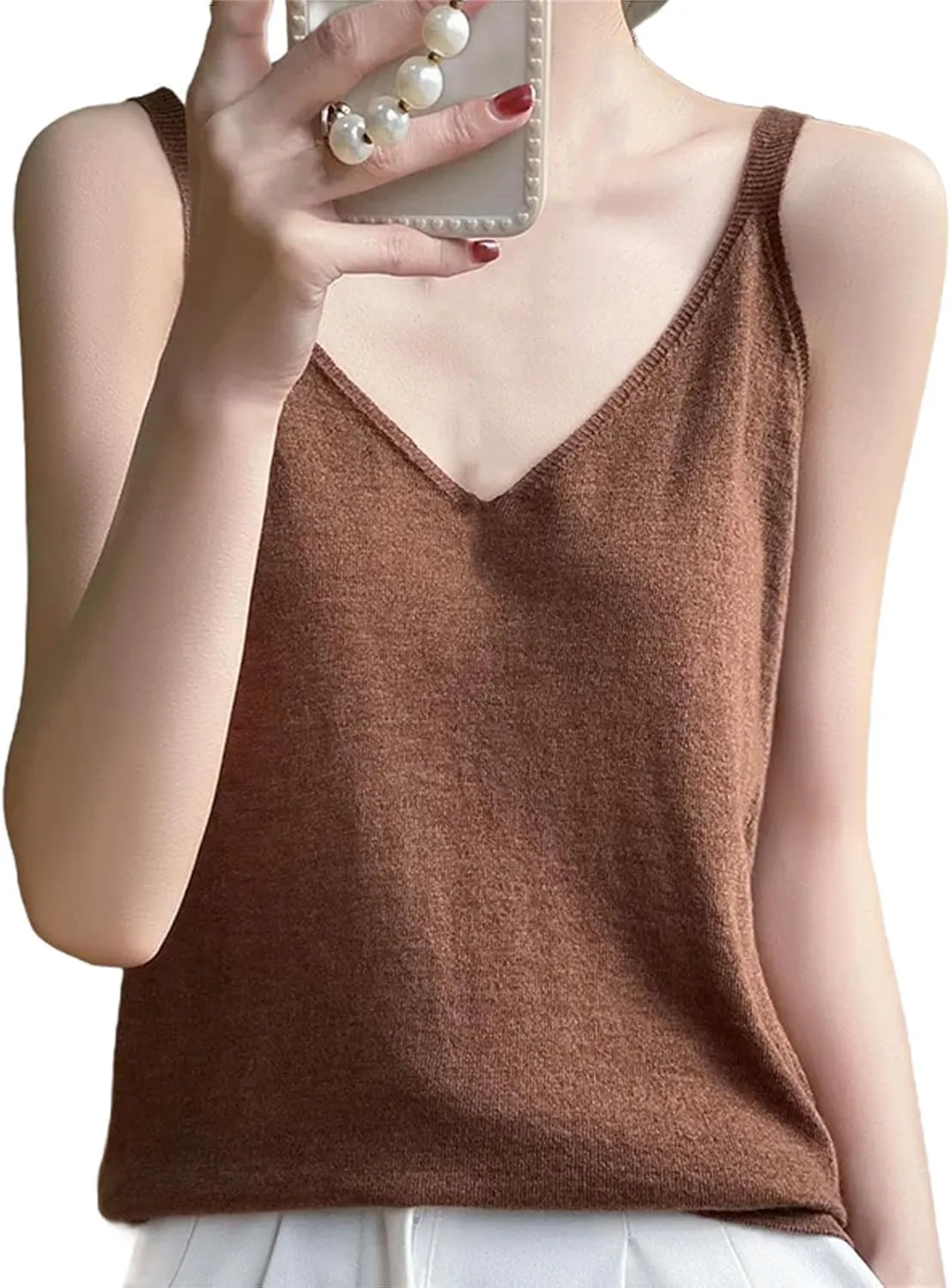 Women Sexy Knitted Camisole Base Vest with V-Neck Loose Interior