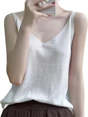 Women Sexy Knitted Camisole Base Vest with V-Neck Loose Interior