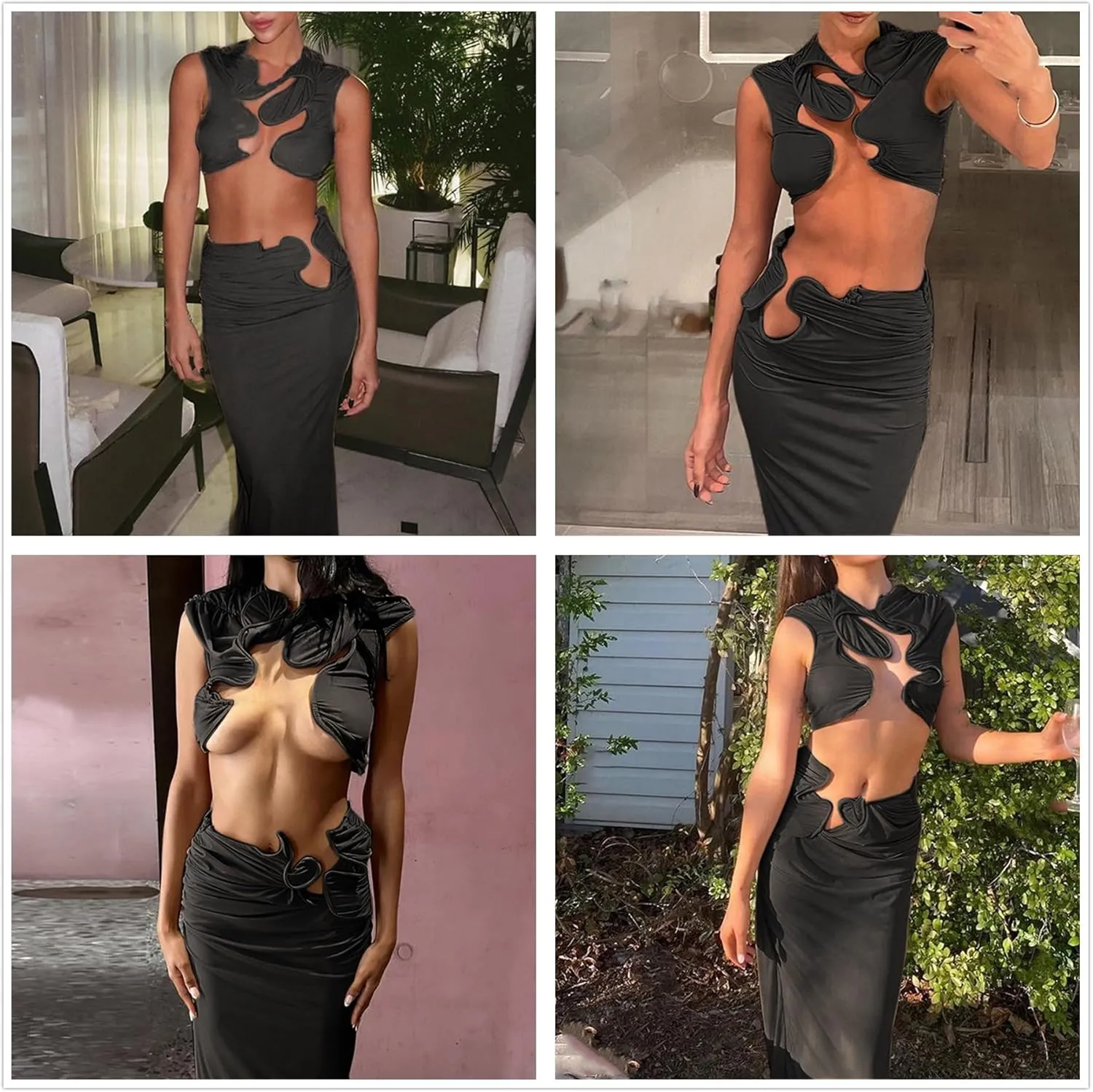 Women Sexy Two Piece Summer Outfit Creative Hollow Out Sleeveless Mock Neck Crop Tops and Long Skirt Set
