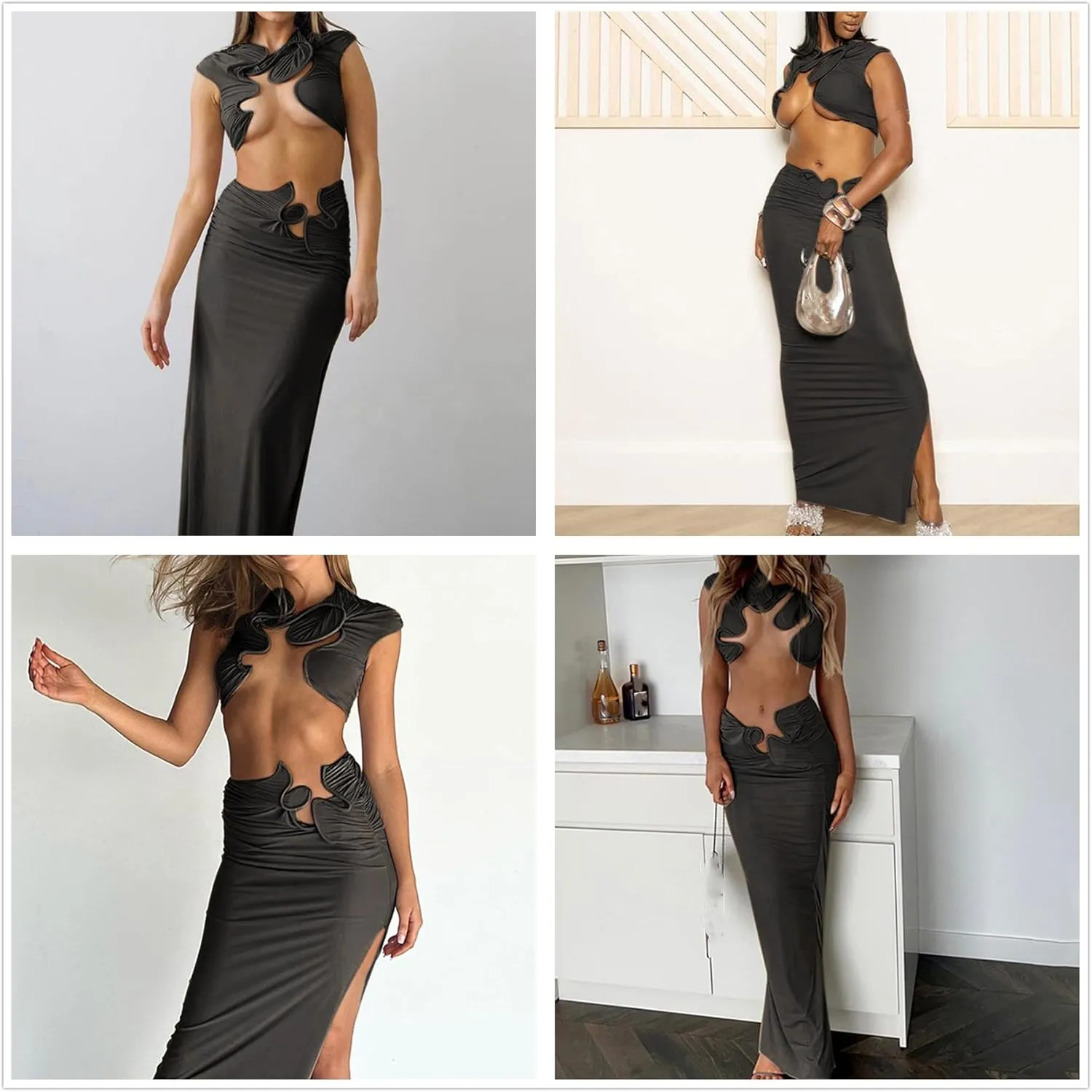 Women Sexy Two Piece Summer Outfit Creative Hollow Out Sleeveless Mock Neck Crop Tops and Long Skirt Set