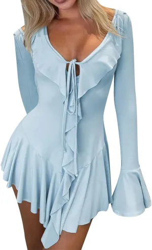 Women Sexy V Neck Tie Front Ruffle Mini Dress Autumn Long Sleeve Casual Slim Fit Solid Ruched Women Dresses Knee