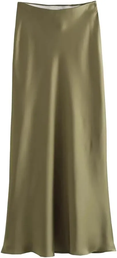Women Solid Satin Long Skirt Y2k High Waist Slim Silk Texture Ladies Tight Midi Skirt