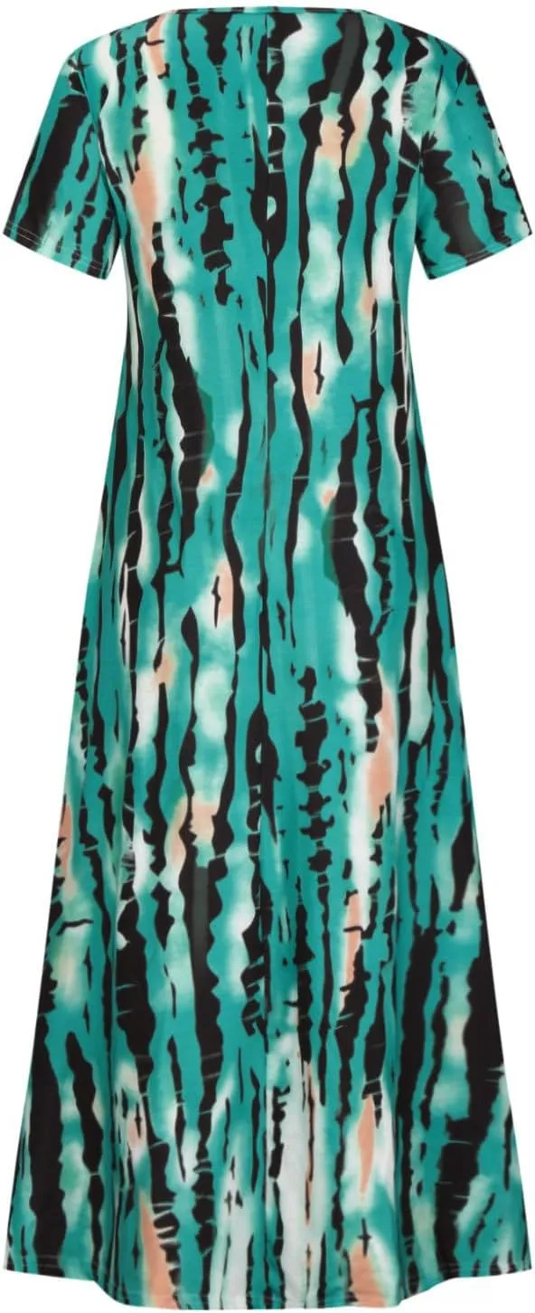 Women Summer Dresses Boho Floral Print Loose Long Dresses Short Sleeve Beach Swing Dress Casual Striped Sundress