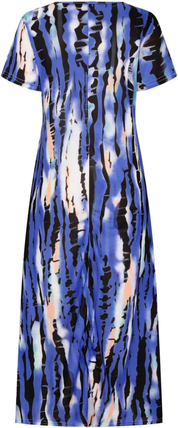 Women Summer Dresses Boho Floral Print Loose Long Dresses Short Sleeve Beach Swing Dress Casual Striped Sundress