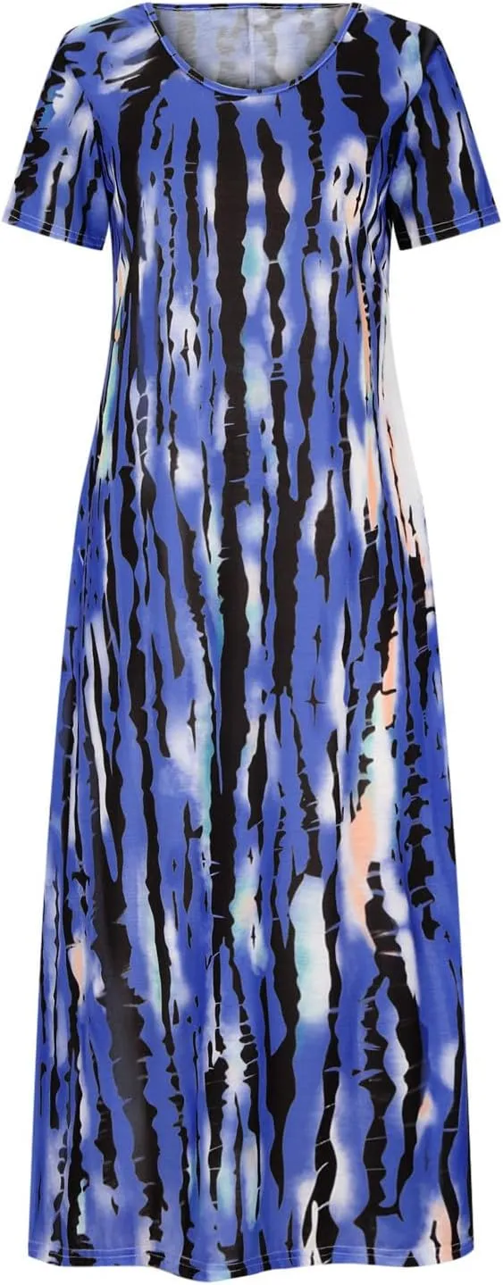 Women Summer Dresses Boho Floral Print Loose Long Dresses Short Sleeve Beach Swing Dress Casual Striped Sundress