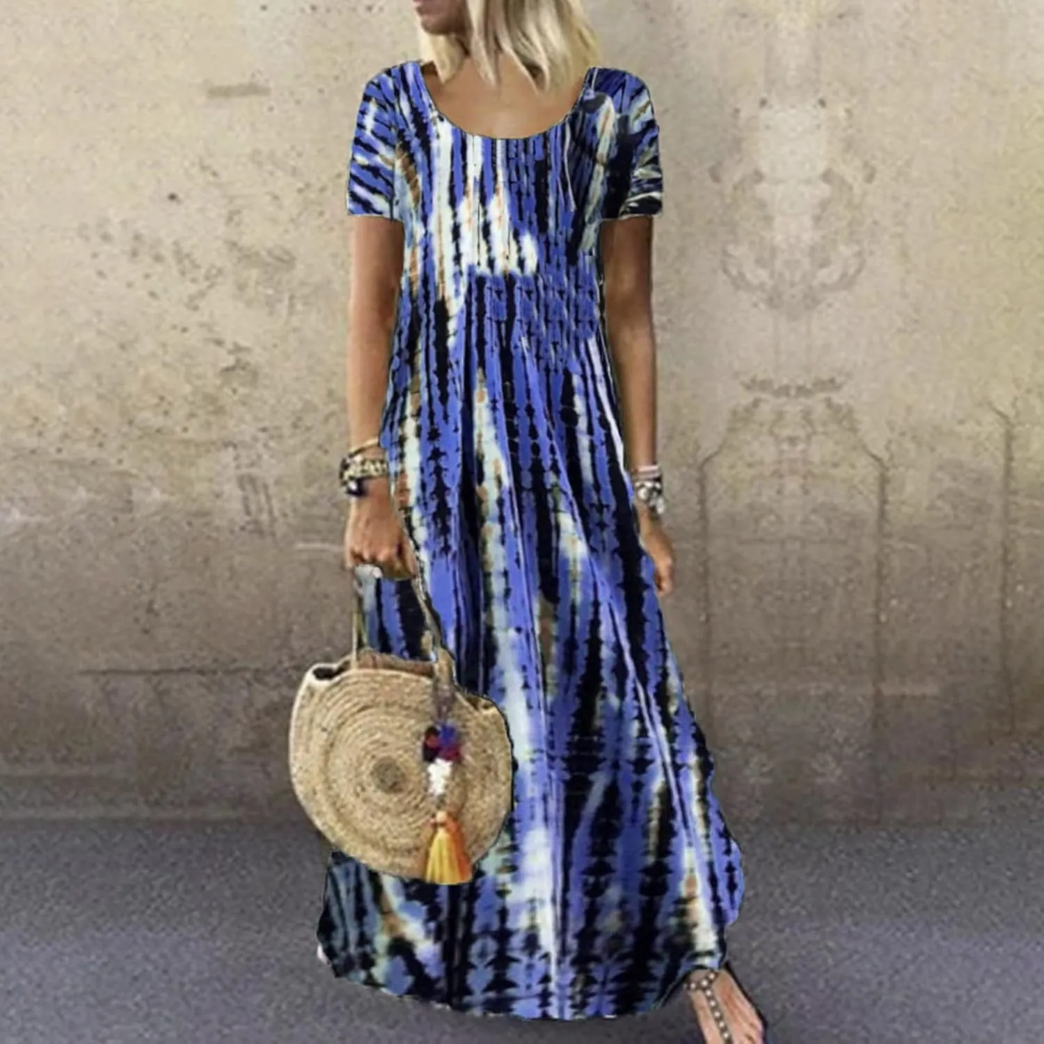 Women Summer Dresses Boho Floral Print Loose Long Dresses Short Sleeve Beach Swing Dress Casual Striped Sundress