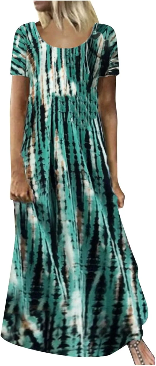 Women Summer Dresses Boho Floral Print Loose Long Dresses Short Sleeve Beach Swing Dress Casual Striped Sundress