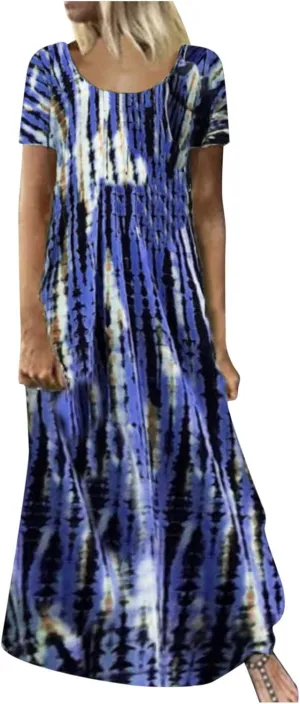 Women Summer Dresses Boho Floral Print Loose Long Dresses Short Sleeve Beach Swing Dress Casual Striped Sundress