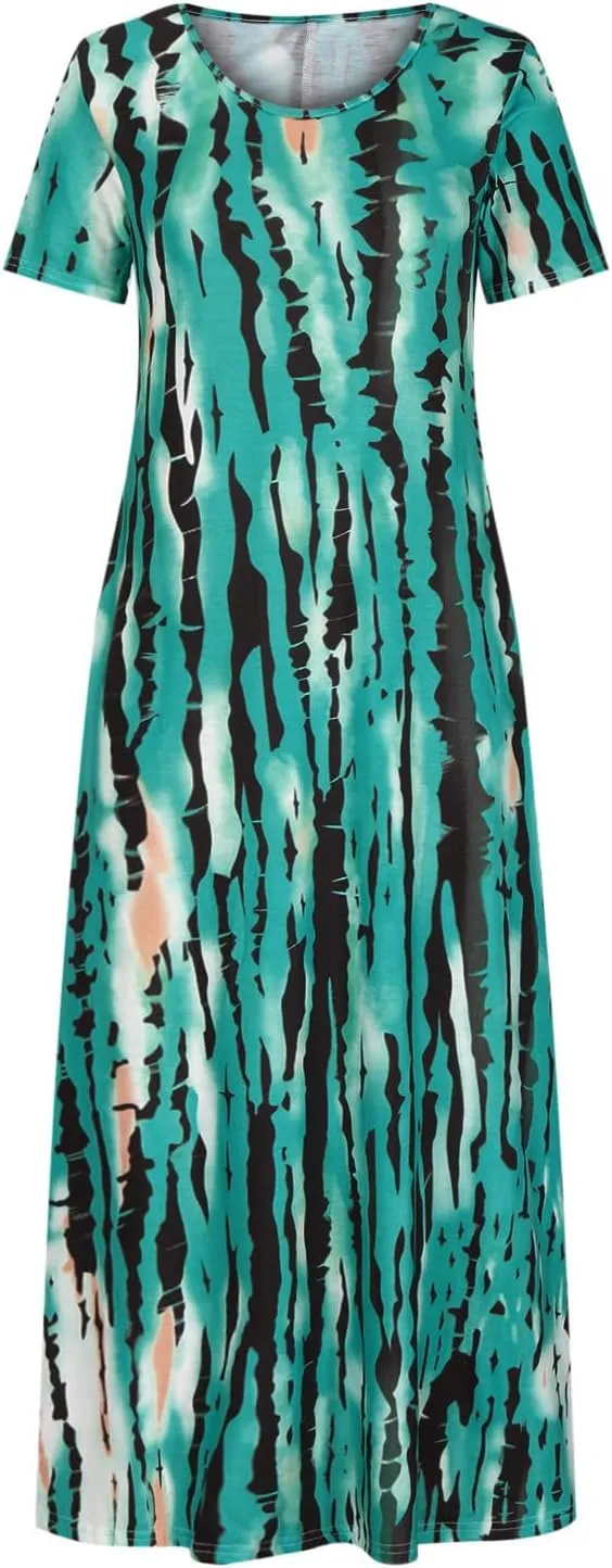 Women Summer Dresses Boho Floral Print Loose Long Dresses Short Sleeve Beach Swing Dress Casual Striped Sundress