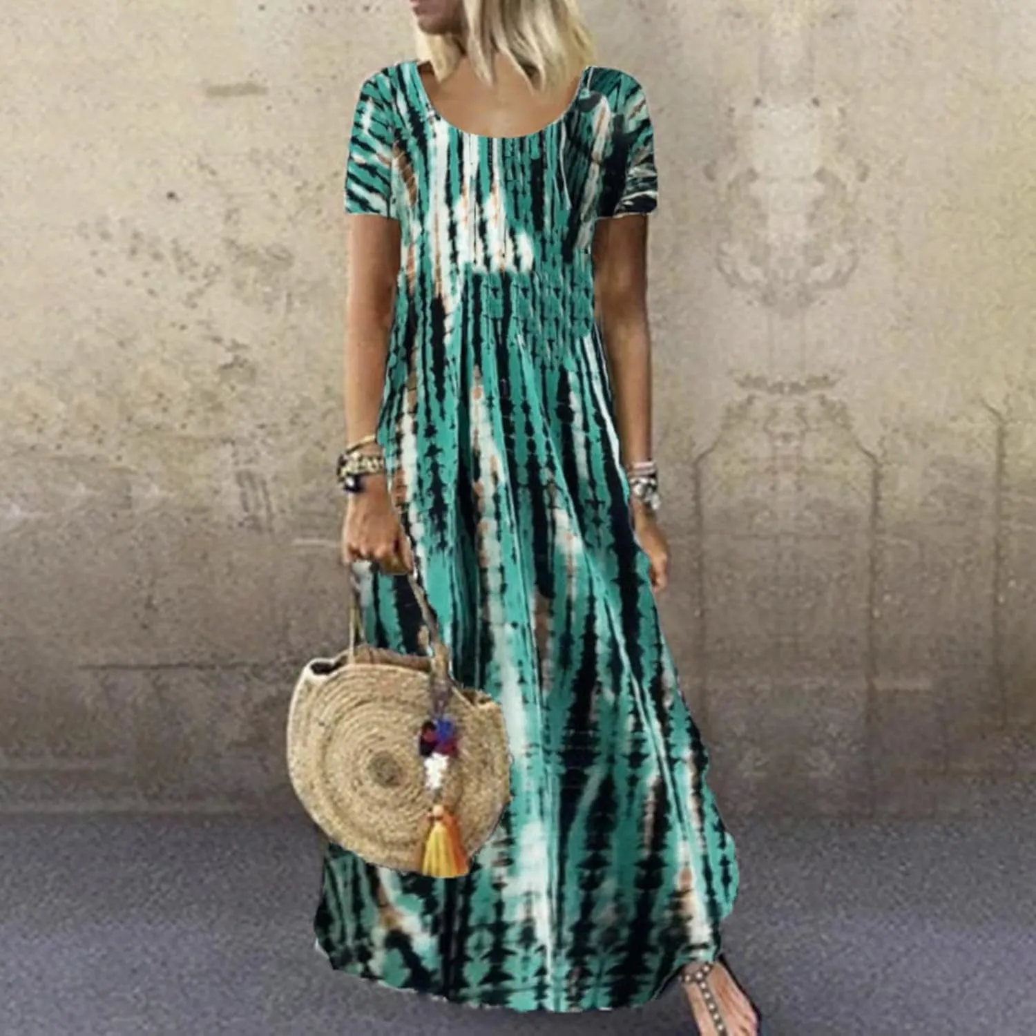Women Summer Dresses Boho Floral Print Loose Long Dresses Short Sleeve Beach Swing Dress Casual Striped Sundress