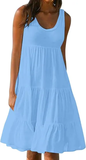 Women Summer Dresses Plus Size Casual Sleeveless Boho Midi Dress Crewneck Ruffle Tiered Swing Beach Vacation Dress