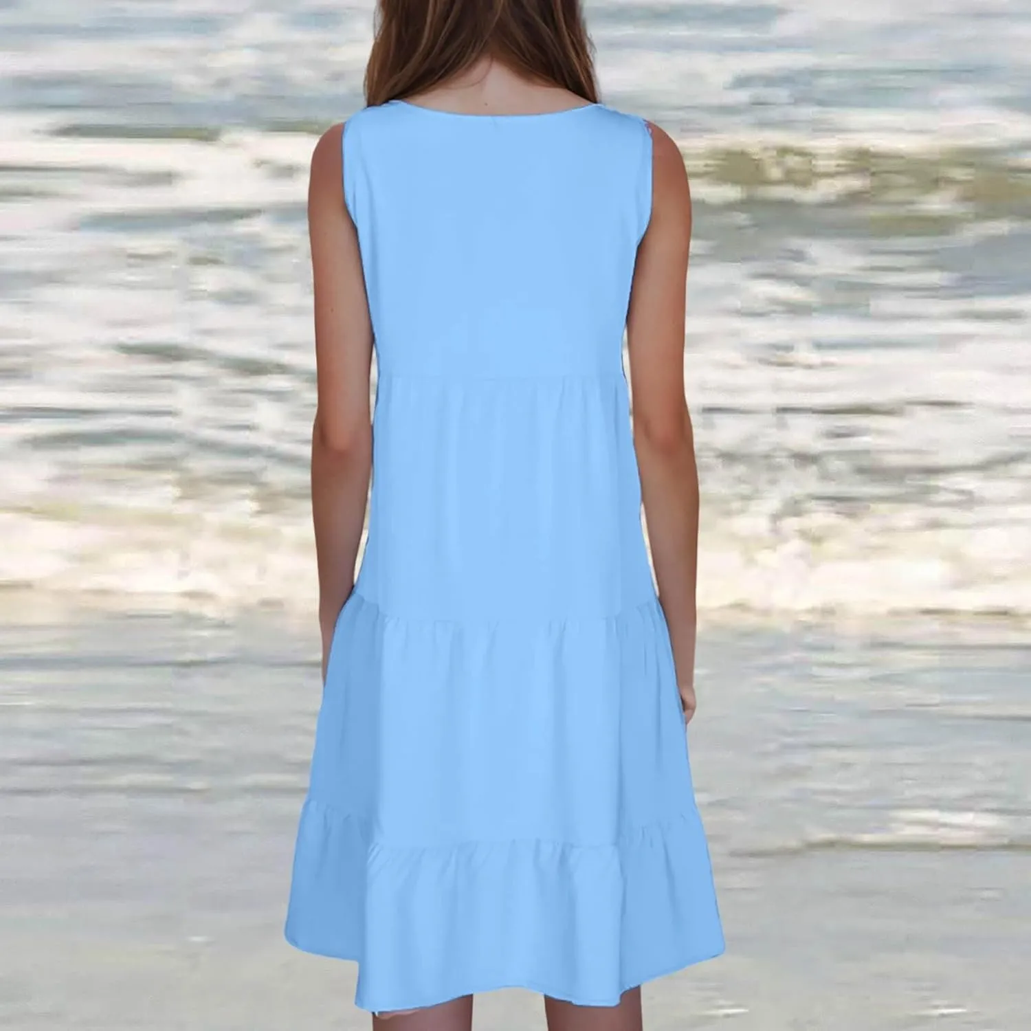 Women Summer Dresses Plus Size Casual Sleeveless Boho Midi Dress Crewneck Ruffle Tiered Swing Beach Vacation Dress