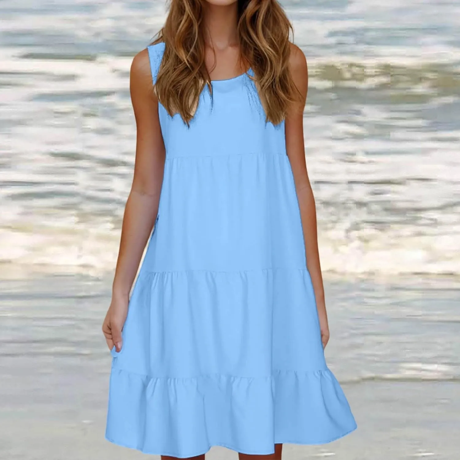 Women Summer Dresses Plus Size Casual Sleeveless Boho Midi Dress Crewneck Ruffle Tiered Swing Beach Vacation Dress