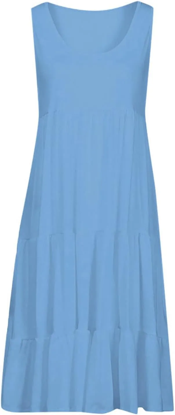 Women Summer Dresses Plus Size Casual Sleeveless Boho Midi Dress Crewneck Ruffle Tiered Swing Beach Vacation Dress