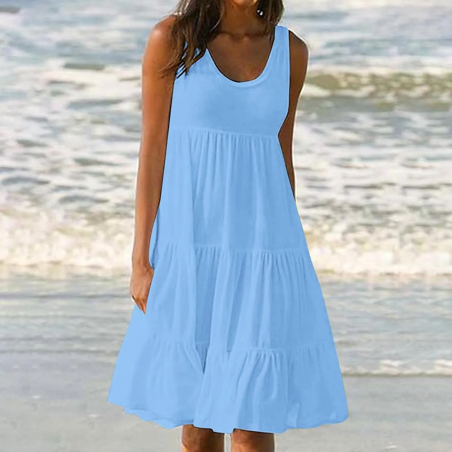 Women Summer Dresses Plus Size Casual Sleeveless Boho Midi Dress Crewneck Ruffle Tiered Swing Beach Vacation Dress