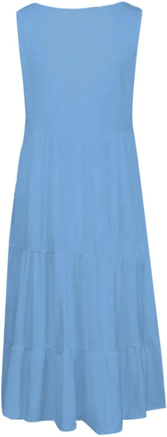 Women Summer Dresses Plus Size Casual Sleeveless Boho Midi Dress Crewneck Ruffle Tiered Swing Beach Vacation Dress