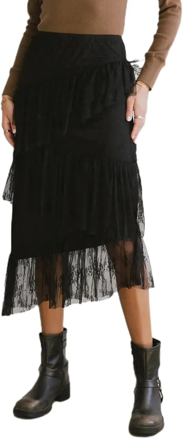 Women Summer Lace Maxi Skirt High Waist Ruffle A-Line Flare Long Skirts Cute Flowy Boho Maxi Skirt Beach Skirt