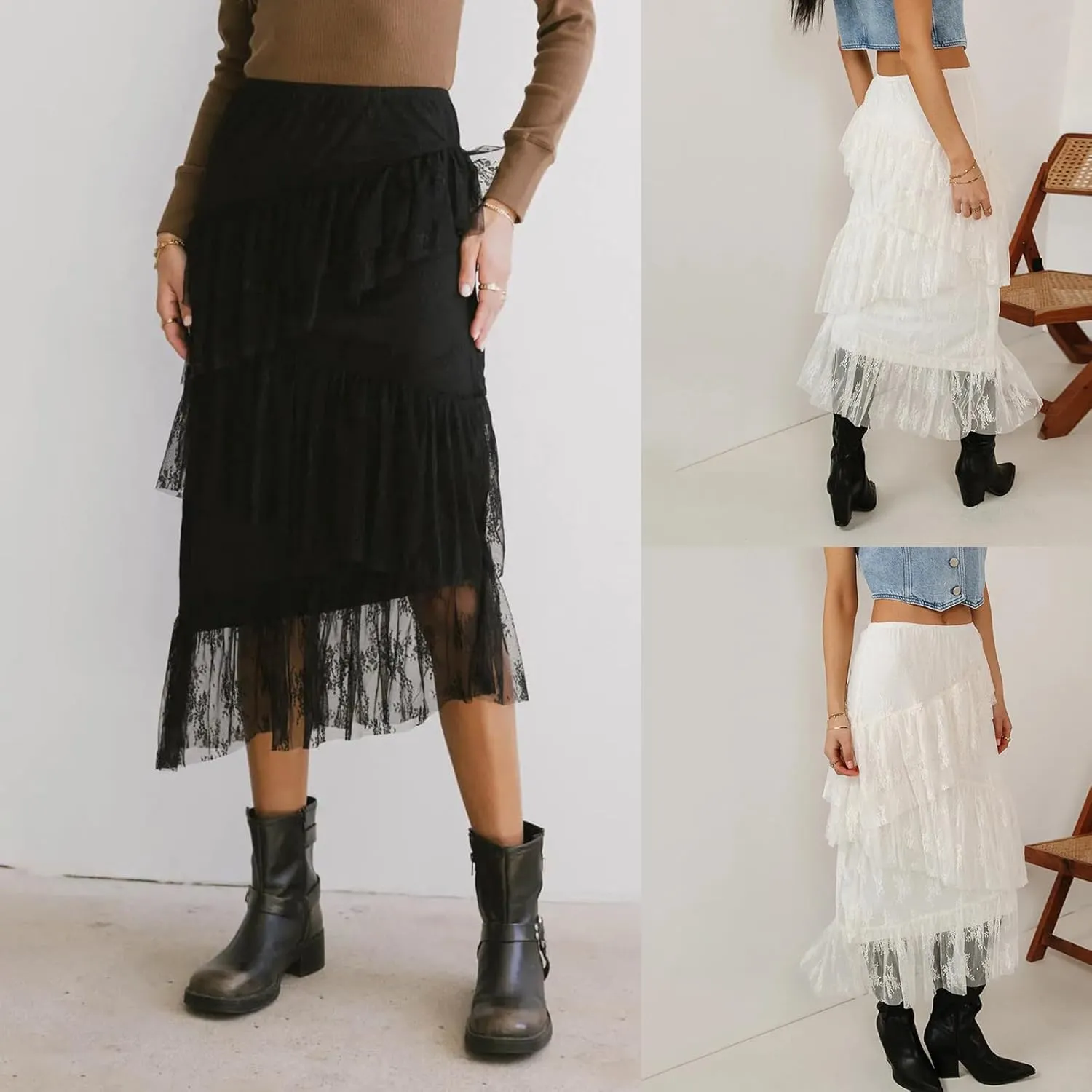 Women Summer Lace Maxi Skirt High Waist Ruffle A-Line Flare Long Skirts Cute Flowy Boho Maxi Skirt Beach Skirt