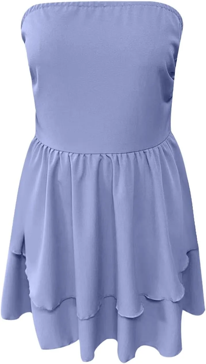 Women Summer Strapless Smocked Tube Dress Fashion Off Shoulder Ruffle Tiered Flowy Beach Boho Mini Sundress