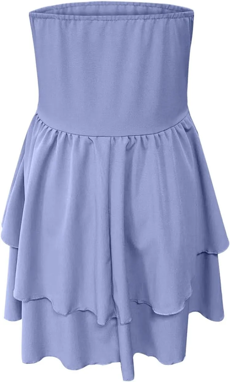 Women Summer Strapless Smocked Tube Dress Fashion Off Shoulder Ruffle Tiered Flowy Beach Boho Mini Sundress