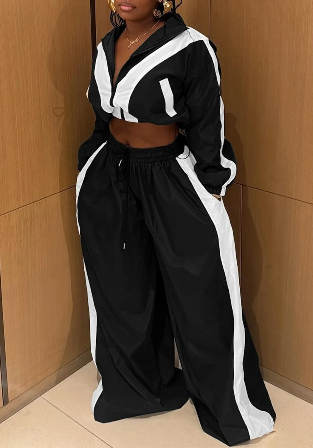 Women Sweatsuits 2 Piece Outfit Color Block Crop Zipper Tops & Elastic Waist Wide Leg Pants Sets Streetwear Tracksuit
