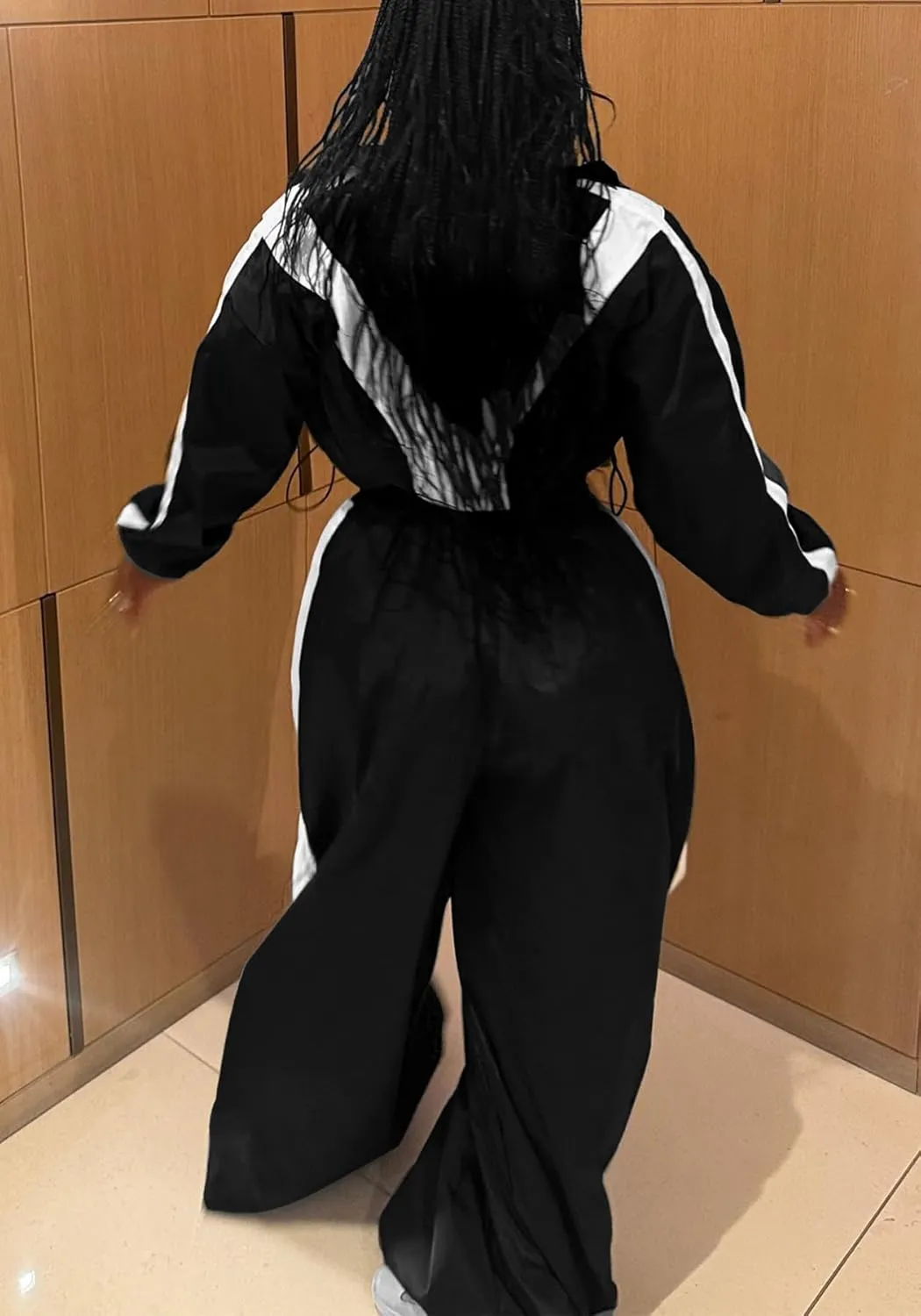 Women Sweatsuits 2 Piece Outfit Color Block Crop Zipper Tops & Elastic Waist Wide Leg Pants Sets Streetwear Tracksuit