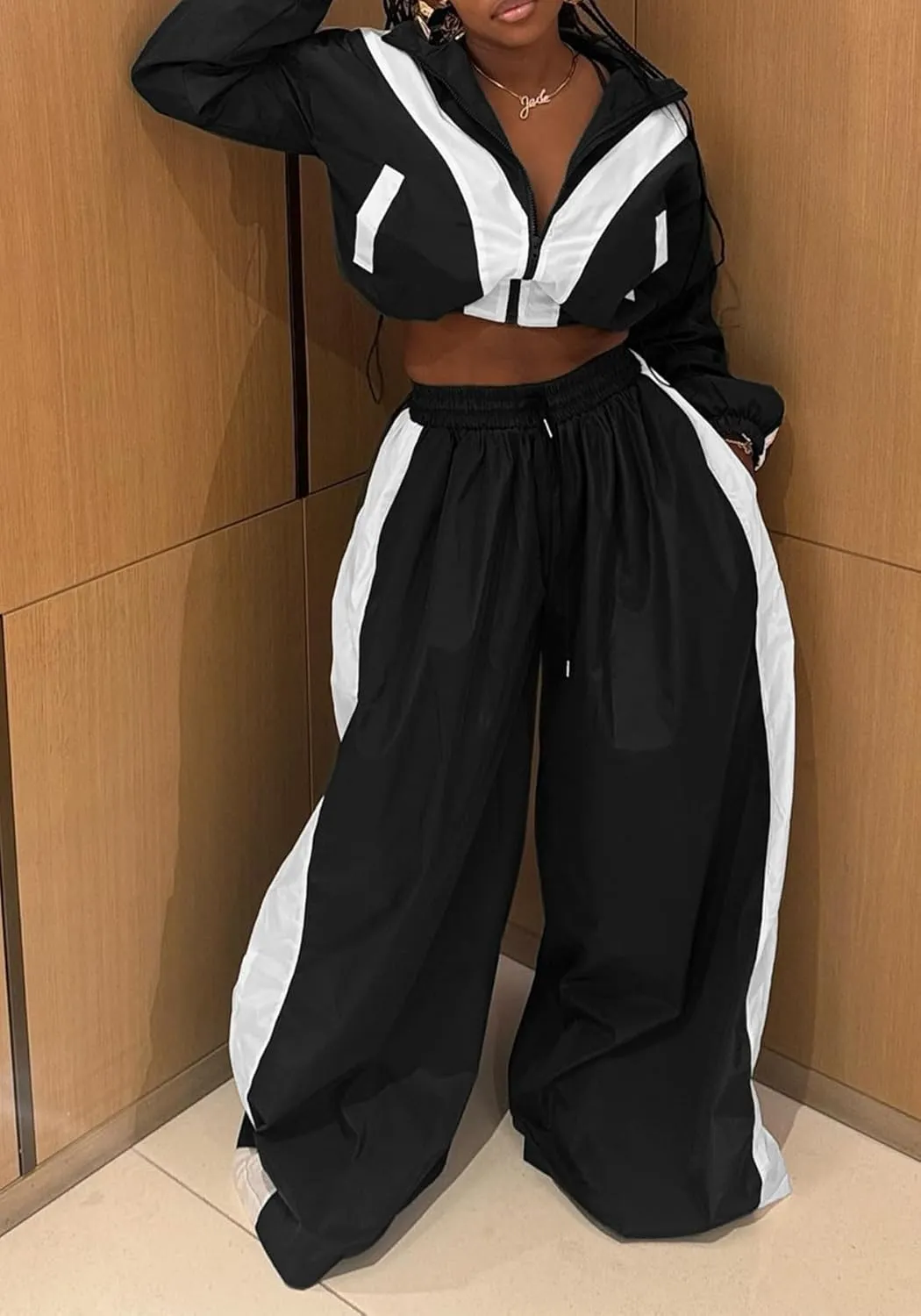 Women Sweatsuits 2 Piece Outfit Color Block Crop Zipper Tops & Elastic Waist Wide Leg Pants Sets Streetwear Tracksuit